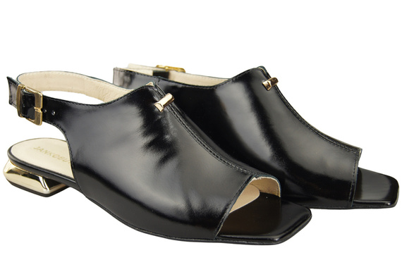 Bequeme Frauenschuhe Sandalen Schwarz glänzend Flacher Goldabsatz Naturleder 207 ElitaBut