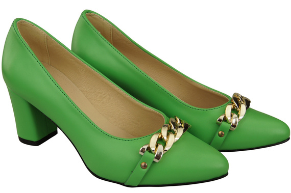 Klassische Frauen Limettengrünes Naturleder Schuhe mit Gold Ornament Kette 200 ElitaBut