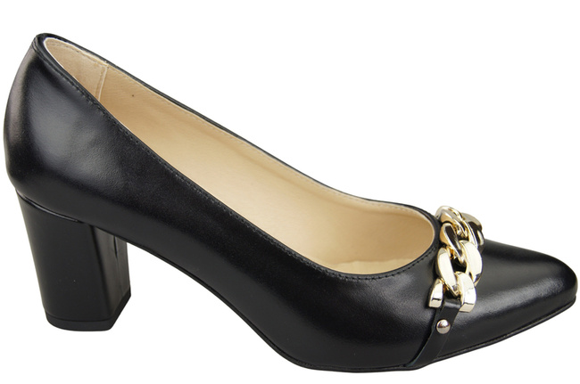 Klassische Frauen Schwarz glänzendes Naturleder Schuhe mit Gold Ornament Kette 200 ElitaBut