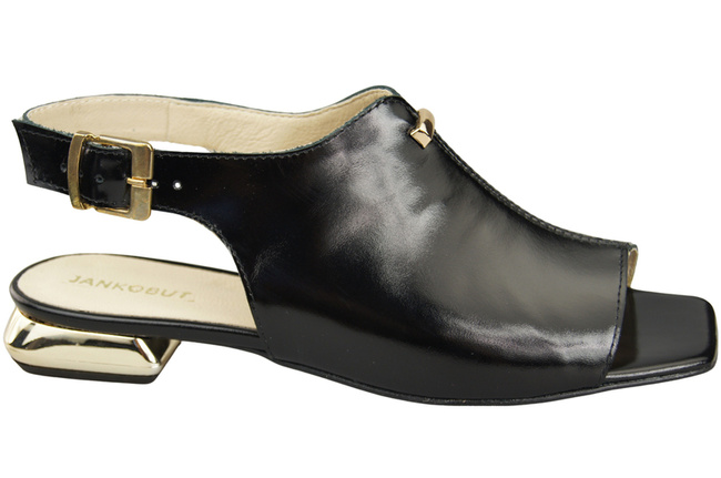 Bequeme Frauenschuhe Sandalen Schwarz glänzend Flacher Goldabsatz Naturleder 207 ElitaBut