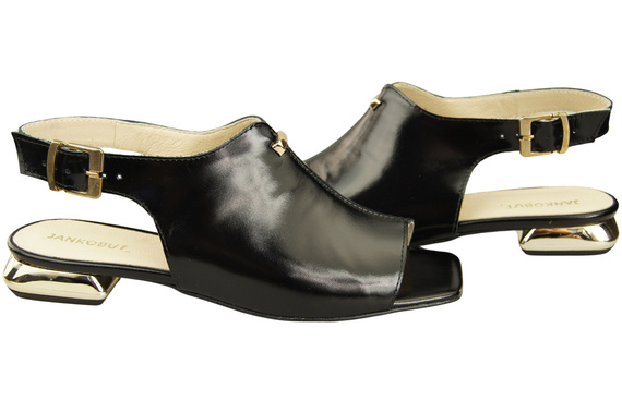 Bequeme Frauenschuhe Sandalen Schwarz glänzend Flacher Goldabsatz Naturleder 207 ElitaBut