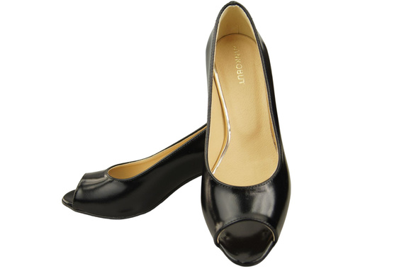 Damenschuhe PEEP TOE Pumps Schwarz glänzendes Naturleder mit beschichtetem Absatz 192 ElitaBut