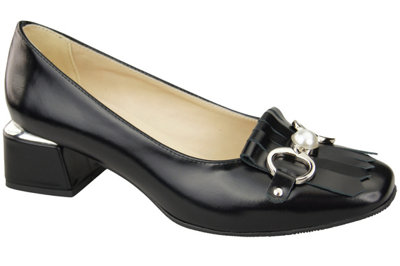 Damenschuhe Pumps mit Fransen verziert, Schwarz, glänzend, Naturleder 195 ElitaBut