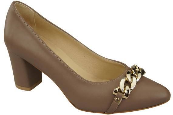 Klassische Frauen Cappuccino Dunkel Naturleder Schuhe mit Gold Ornament Kette 200 ElitaBut