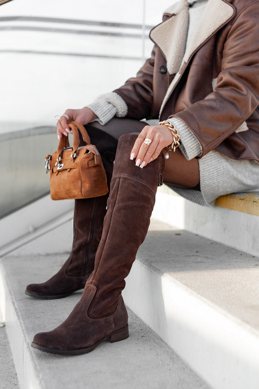 Schuhe Damenstiefel Stiefel Overknee-Stiefel, Naturleder, Velours, Schokolade 154 ElitaBut