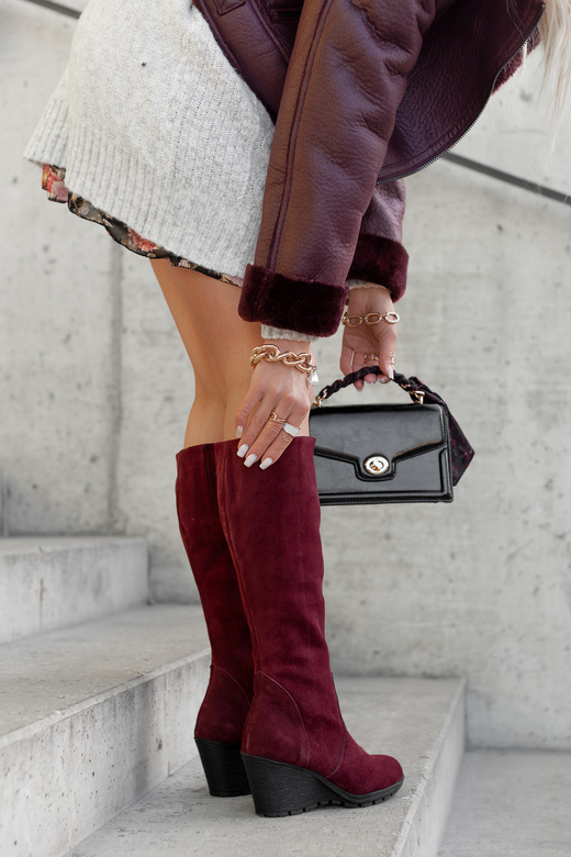 Schuhe Damenstiefel mit Keilabsatz, natürliches Veloursleder 745, Burgund ElitaBut