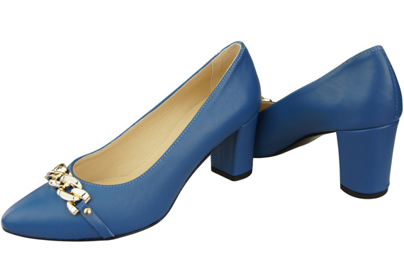 Klassische Frauen Blaues Naturleder Schuhe mit Gold Ornament Kette 200 ElitaBut