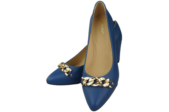 Klassische Frauen Blaues Naturleder Schuhe mit Gold Ornament Kette 200 ElitaBut