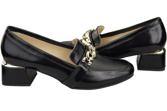 Damenschuhe mit Zierkette Pumps Mokassins Naturleder 193 Schwarz Glänzend ElitaBut