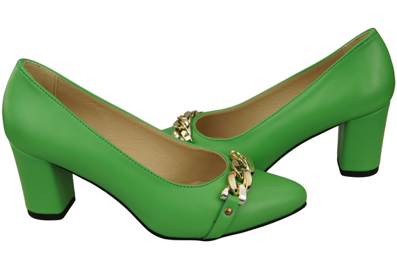 Klassische Frauen Limettengrünes Naturleder Schuhe mit Gold Ornament Kette 200 ElitaBut