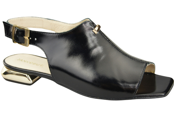 Bequeme Frauenschuhe Sandalen Schwarz glänzend Flacher Goldabsatz Naturleder 207 ElitaBut