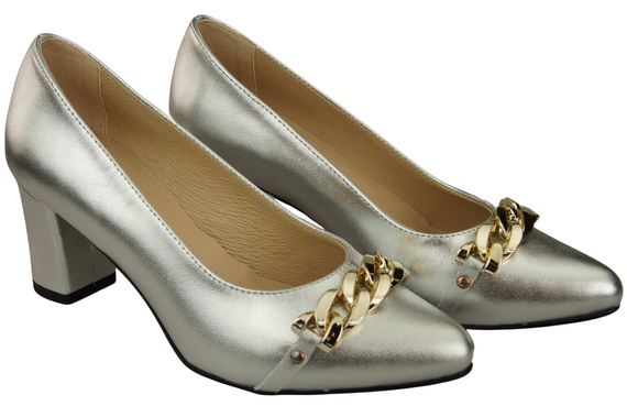 Klassische Frauen Silber Naturleder Schuhe mit Gold Ornament Kette 200 ElitaBut