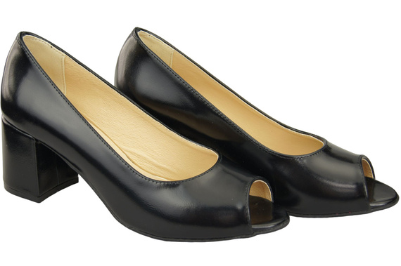 Damenschuhe PEEP TOE Pumps Schwarz glänzendes Naturleder mit beschichtetem Absatz 192 ElitaBut