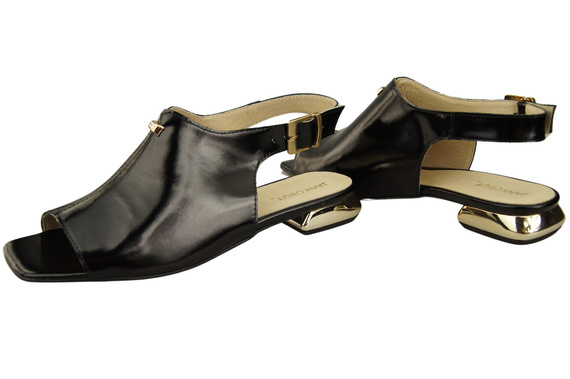 Bequeme Frauenschuhe Sandalen Schwarz glänzend Flacher Goldabsatz Naturleder 207 ElitaBut