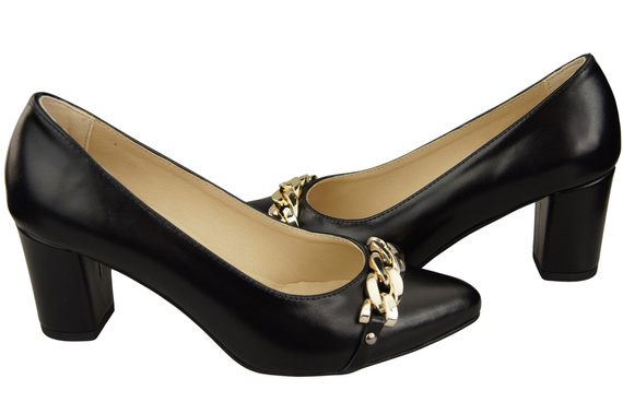 Klassische Frauen Schwarz glänzendes Naturleder Schuhe mit Gold Ornament Kette 200 ElitaBut