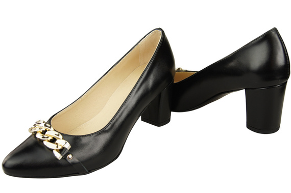 Klassische Frauen Schwarz glänzendes Naturleder Schuhe mit Gold Ornament Kette 200 ElitaBut