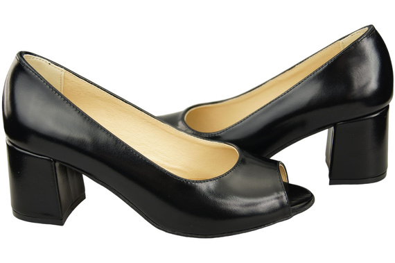 Damenschuhe PEEP TOE Pumps Schwarz glänzendes Naturleder mit beschichtetem Absatz 192 ElitaBut