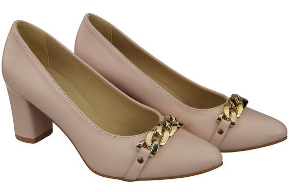 Klassische Frauen Puderrosa Naturleder Schuhe mit Gold Ornament Kette 200 ElitaBut